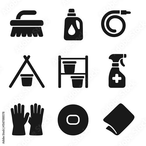 Feed Bucket Cleaning Icons. Solid, filled icons set of cleaning and maintenance of feed buckets: scrub brush,