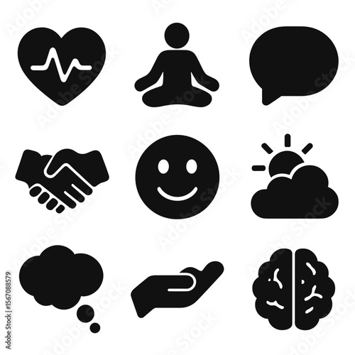 Mental Well-being Icons. Solid, filled icon set of emotional and mental well-being: heart with pulse, meditation pose, speech