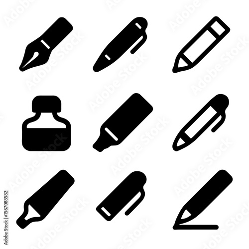 Pen Icon Collection. Solid, filled icon set of pen: fountain pen, ballpoint pen, pencil, ink pen, marker, gel pen, highlighter,