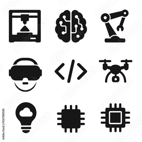 Innovative Tech Icons. Solid, filled icon set of innovation in technology: 3D printer, circuit brain, AI icon, robotic arm, VR