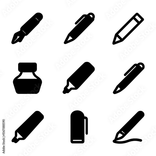 Pen Icon Collection. Solid, filled icon set of pen: fountain pen, ballpoint pen, pencil, ink pen, marker, gel pen, highlighter,