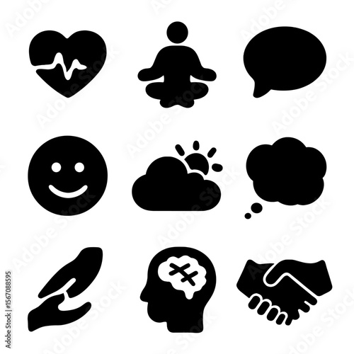 Mental Well-being Icons. Solid, filled icon set of emotional and mental well-being: heart with pulse, meditation pose, speech