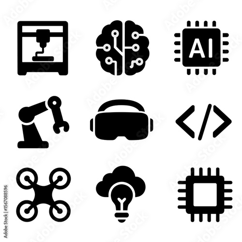 Innovative Tech Icons. Solid, filled icon set of innovation in technology: 3D printer, circuit brain, AI icon, robotic arm, VR