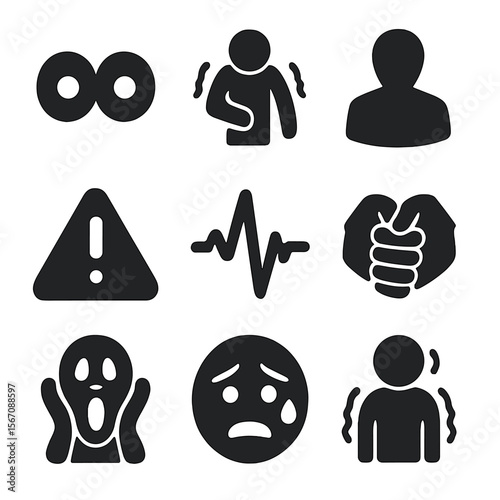 Fear Icon Set. Solid, filled icons set of fear: wide eyes, trembling figure, dark shadow, heartbeat spike,