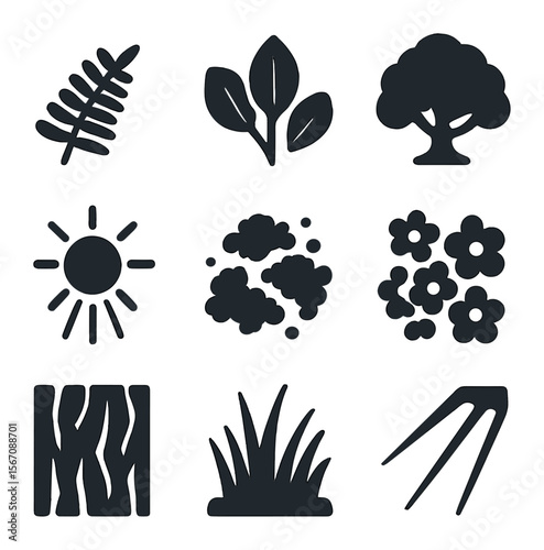 Botanical Icons Grid. Solid, filled icons set of botanical scenery: ferns, leaves, tree canopy, sun rays, moss