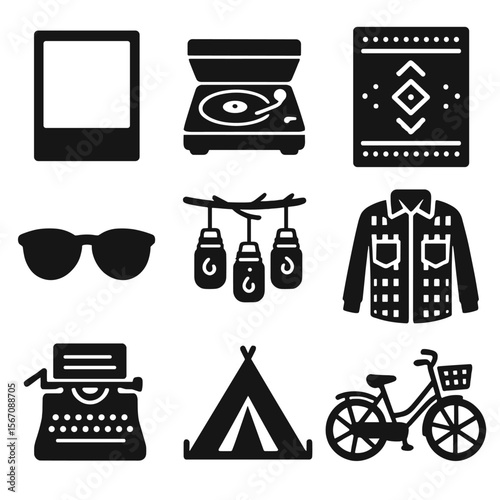Festival Icon Set. Solid, filled icons set of indie and alternative festival aesthetics: Polaroid frame,