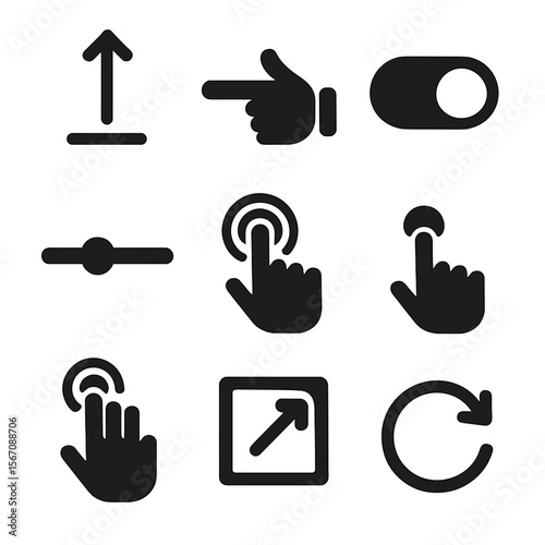 Interactive Icon Set. Solid, filled icon set of interactive CTA feedback: swipe up, drag icon, toggle switch, slider bar, tap