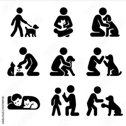 Pet Owner Icons. Solid, filled icon set of pets with their owners: person walking dog, cat in lap, pet hug, pet feeding, owner