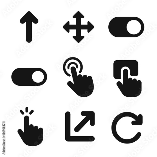 Interactive Icon Set. Solid, filled icon set of interactive CTA feedback: swipe up, drag icon, toggle switch, slider bar, tap