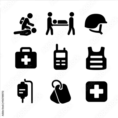 Military Medics Icons. Solid, filled icon set of military medics in action: combat medic, stretcher, tactical helmet, first aid