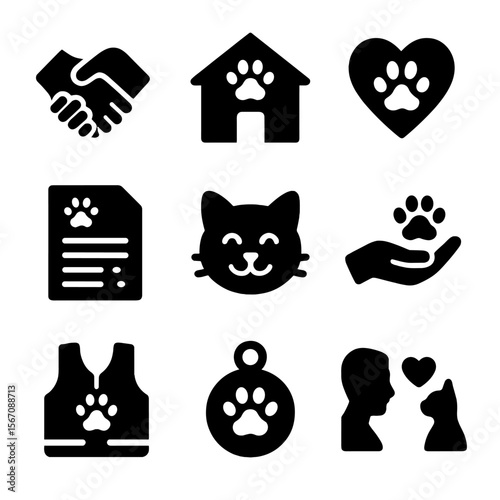 Pet Adoption Icons. Solid, filled icon set of pet adoption and rescue: handshake with paw, shelter building, heart paw, adoption