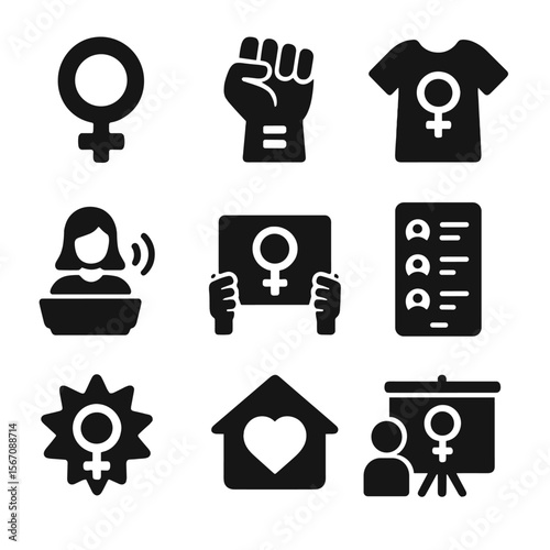 Feminist Activism Icons. Solid, filled icons set of feminist youth activism: gender symbol, equality fist,
