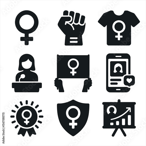 Feminist Activism Icons. Solid, filled icons set of feminist youth activism: gender symbol, equality fist,