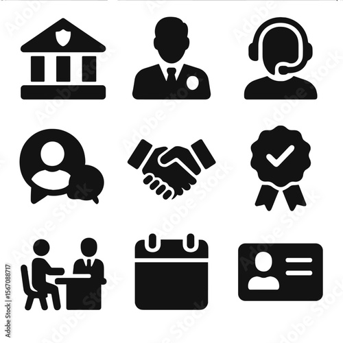 Insurance and Harvest Icons. Solid, filled icon set of insurance providers and agents: insurance company building, advisor figure,