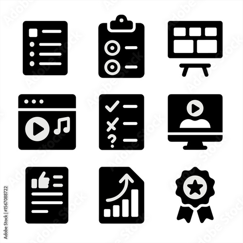 Instructional Design Icons. Solid, filled icon set of Instructional design tools: course outline, learning objectives, storyboard,