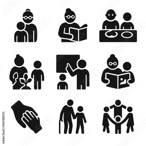 Intergenerational Icon Set. Solid, filled icon set of intergenerational bonding: grandparent and child, storytelling moment,
