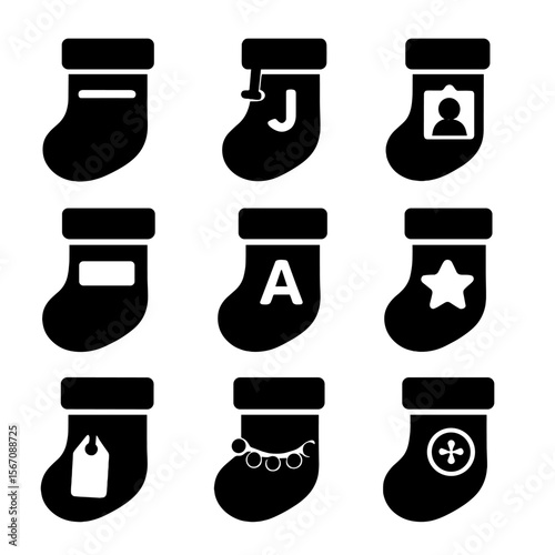 Personalized Stocking Icons. Solid, filled icon set of personalized stocking details: embroidered name, letter charm, photo tag,
