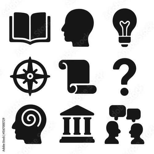 Philosophical Icons Grid. Solid, filled icon set of philosophical foundations: open book, thinking head, lightbulb idea, moral