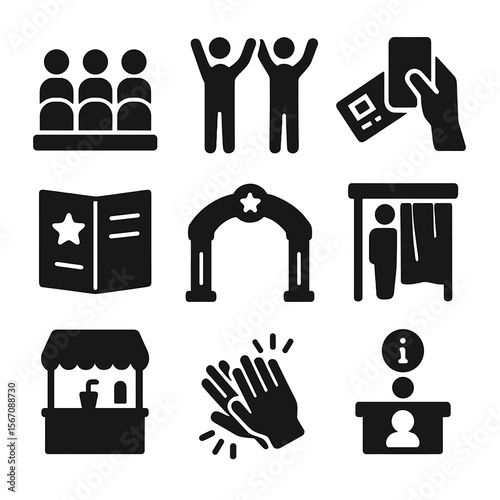 Festival Interaction Icons. Solid, filled icons set of festival audience interactions: seated crowd, standing