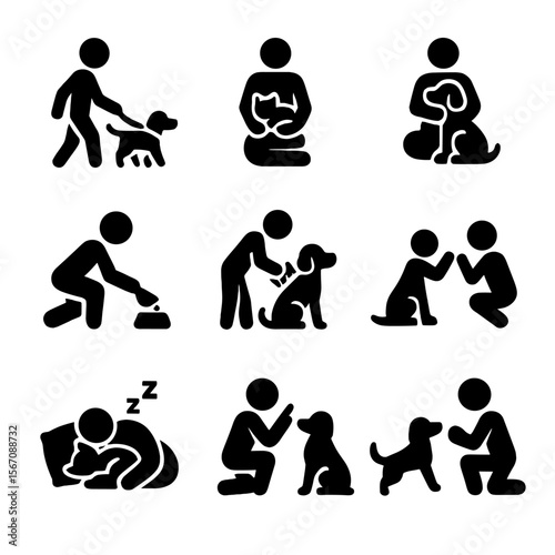 Pet Owner Icons. Solid, filled icon set of pets with their owners: person walking dog, cat in lap, pet hug, pet feeding, owner