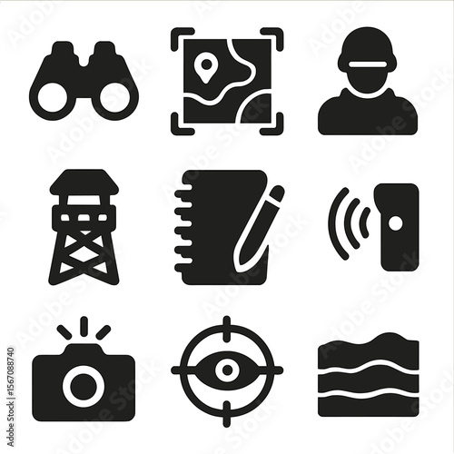 Military Recon Icon Set. Solid, filled icon set of military reconnaissance: binoculars, drone view, camo figure, high perch,