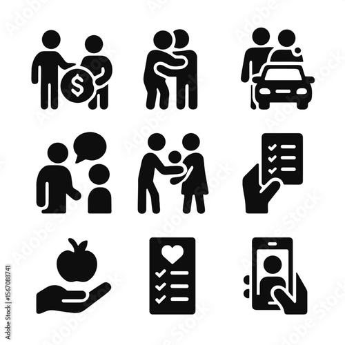 Intergenerational Support Icons. Solid, filled icon set of intergenerational support: financial help, emotional hug, shared car,