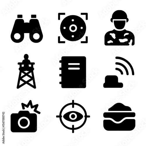 Military Recon Icon Set. Solid, filled icon set of military reconnaissance: binoculars, drone view, camo figure, high perch,
