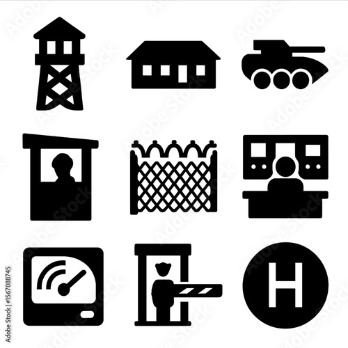 Military Icon Grid. Solid, filled icon set of military compound: watchtower, barracks, armored vehicle, guard post, fence, control