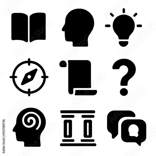 Philosophical Icons Grid. Solid, filled icon set of philosophical foundations: open book, thinking head, lightbulb idea, moral