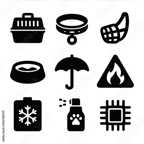 Pet Safety Icons. Solid, filled icon set of pet safety and comfort: crate, collar, muzzle, water bowl, shade umbrella, heat