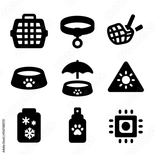 Pet Safety Icons. Solid, filled icon set of pet safety and comfort: crate, collar, muzzle, water bowl, shade umbrella, heat