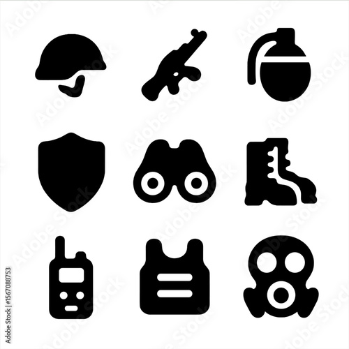 Military Icon Set. Solid, filled icon set of storming enemy territory: soldier helmet, assault rifle, grenade, shield, binoculars,