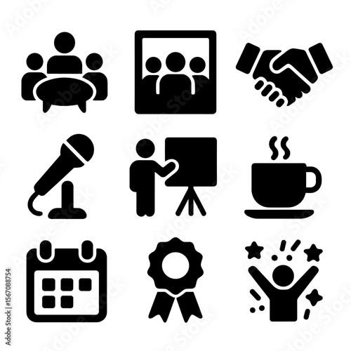 Intergenerational Event Icons. Solid, filled icon set of intergenerational events: community meeting, group photo, handshake,