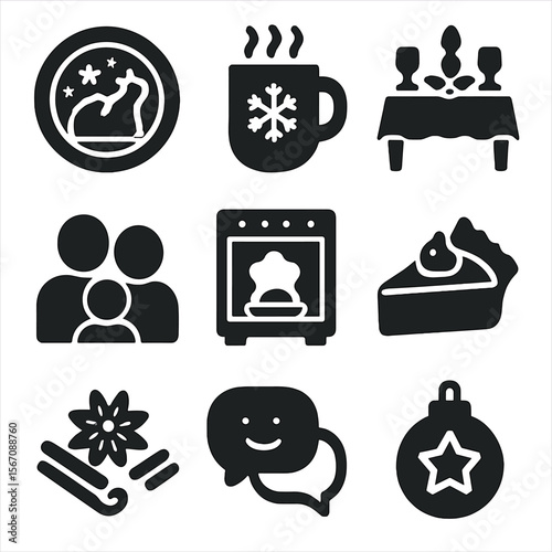 Festive Icon Set. Solid, filled icons set of holiday meal preparation: festive plate, holiday mug, decorated