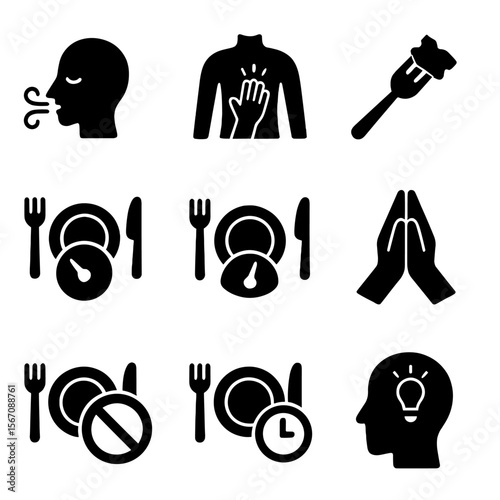 Mindful Eating Icons. Solid, filled icon set of eating awareness techniques: breath control, body scan, chew count, hunger scale,