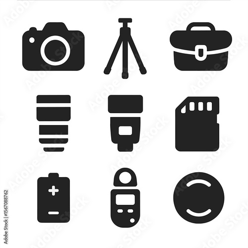 Photography Gear Icons. Solid, filled icon set of photography equipment: DSLR camera, tripod, camera bag, lens, flash unit, memory