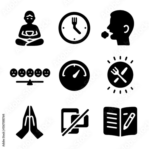 Mindful Nutrition Icons. Solid, filled icon set of mindful nutrition: mindful eating pose, slow eating clock, chew icon, hunger