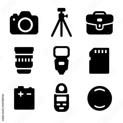 Photography Gear Icons. Solid, filled icon set of photography equipment: DSLR camera, tripod, camera bag, lens, flash unit, memory