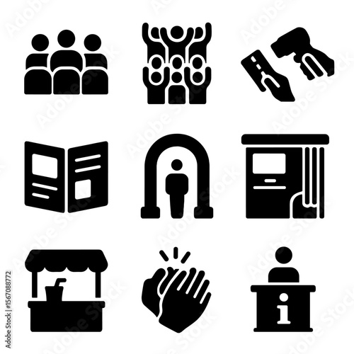 Festival Interaction Icons. Solid, filled icons set of festival audience interactions: seated crowd, standing