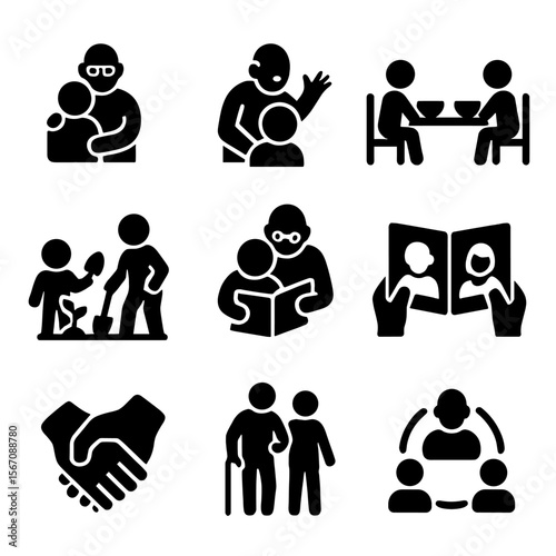 Intergenerational Icon Set. Solid, filled icon set of intergenerational bonding: grandparent and child, storytelling moment,