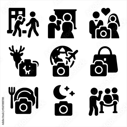 Photography Icons Grid. Solid, filled icon set of photography themes: street photography, portrait shoot, wedding shoot, wildlife