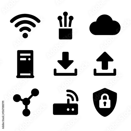 Internet Connectivity Icons. Solid, filled icon set of high speed internet and data: wifi signal, fiber optic cable, data cloud,