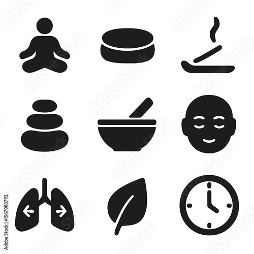 Mindfulness Icon Grid. Solid, filled icon set of mindfulness meditation: lotus pose, meditation cushion, incense stick, zen stones