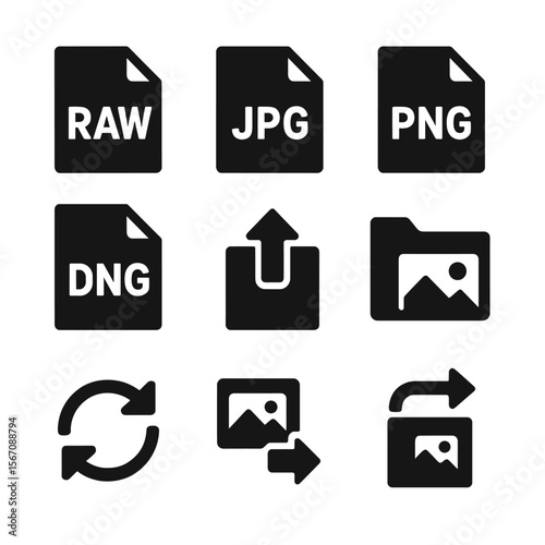 Photography Icons Grid. Solid, filled icon set of photography file formats: RAW file icon, JPG icon, PNG icon, TIFF icon, DNG icon
