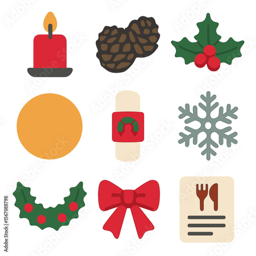 Festive Table Icons. Solid, filled icons set of holiday table setting: red candle, pinecones, holly leaves,