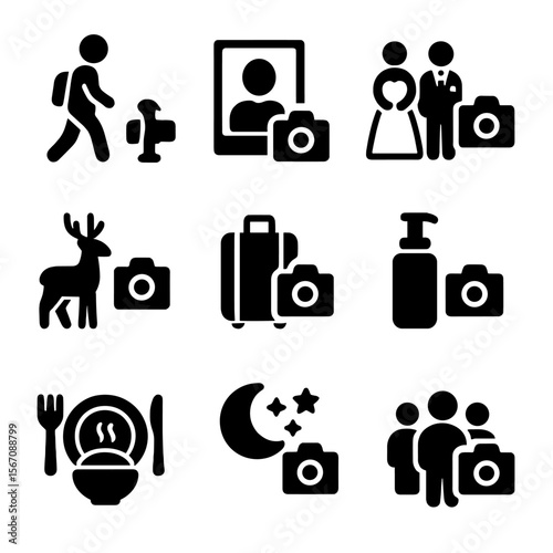 Photography Icons Grid. Solid, filled icon set of photography themes: street photography, portrait shoot, wedding shoot, wildlife