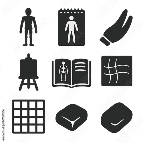 Figure Drawing Tools Icons. Solid, filled icons set of figure drawing tools: pose mannequin, sketch pad,