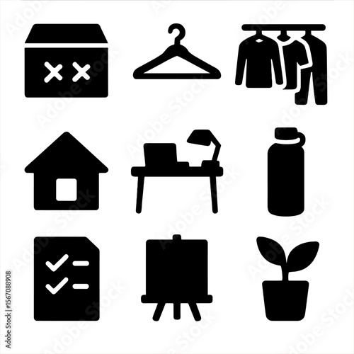 Minimalist Lifestyle Icons. Solid, filled icon set of minimalist lifestyle: declutter box, single hanger, capsule wardrobe, simple