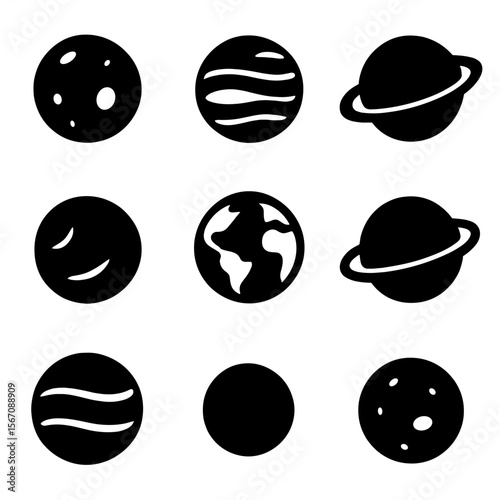 Planet Icons Grid. Solid, filled icon set of planets in the night sky: Mars, Jupiter, Saturn, Venus, Earth, Uranus, Neptune,