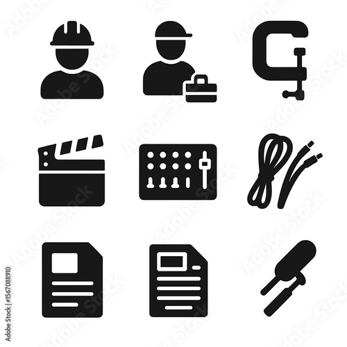 Film Crew Icons. Solid, filled icons set of film crew roles and equipment: gaffer, best boy, key grip,